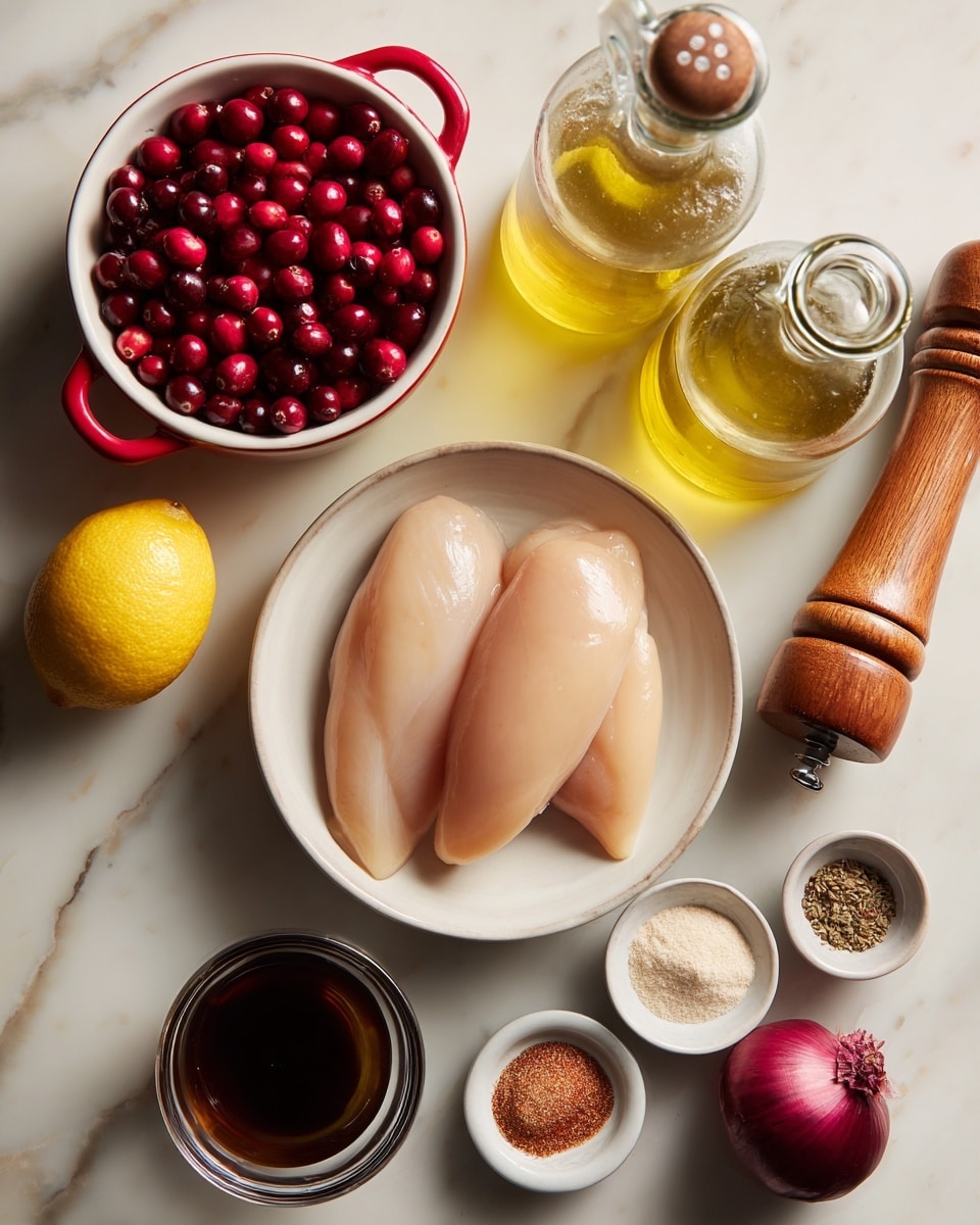 The image shows cooking ingredients arranged neatly on a white marbled surface. In the center bottom, there is a white bowl with three smooth, light tan chicken breasts stacked slightly on top of each other. To the left, a small white bowl with red handles is filled with bright red cranberries, some with a shiny texture. Above this is a whole bright yellow lemon with a textured peel. Near the lemon, two clear glass bottles with liquid inside are placed; one contains olive oil with a pale yellow color and the other has a darker liquid. A wooden pepper grinder and salt shaker are placed to the right of the lemon, with the pepper grinder lying horizontally and the shaker upright. Also to the right is a small whole red onion with a shiny, deep purple outer skin. At the bottom right, three small white bowls hold different spices: a beige powder, a reddish-brown powder, and a dark brown powder. In front of the lemon is a small glass jar filled with a dark liquid, likely a syrup or sauce photo taken with an iphone --ar 4:5 --v 7