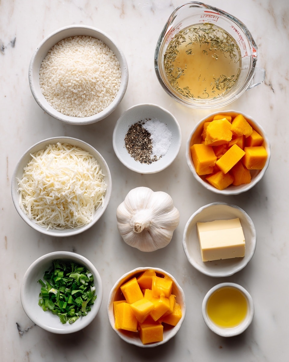 A top view of nine small white bowls and a glass measuring cup arranged on a white marbled surface, each holding different ingredients. Starting from the top left, the first bowl contains small, white, oval grains of rice. Next to it on the right, the clear glass measuring cup holds light golden broth with small herbs floating inside. Below the broth, there's a tiny bowl with black ground pepper, and beside it, a small bowl filled with coarse white salt. To the left of the salt, a whole white garlic bulb sits directly on the marbled surface. Below the pepper and salt, a bowl filled with finely shredded white cheese is placed. In the bottom left corner, a small bowl contains diced white onions, next to it, a bowl with green chopped herbs, and above those, a bowl with medium-sized bright orange cubes of butternut squash. A ring-shaped bowl near the center holds a pale yellow rectangular slab of butter, and next to it on the marbled background is a small bowl of olive oil. Photo taken with an iphone --ar 4:5 --v 7