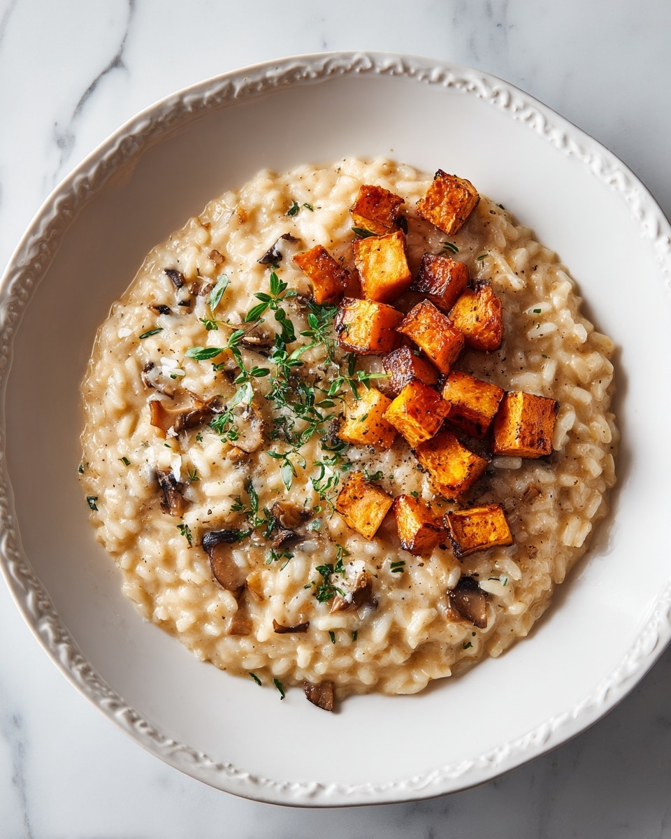 A white, ornate plate holds a creamy risotto with visible soft, plump grains layered throughout. On top, there are small cubes of golden-brown roasted vegetables, slightly crispy on the edges, arranged neatly in a small pile at one side. There are also tiny bits of dark mushrooms mixed evenly into the risotto, adding a rough texture to its smooth surface. The dish is set on a white marbled surface that contrasts softly with the warm colors of the food. photo taken with an iphone --ar 4:5 --v 7
