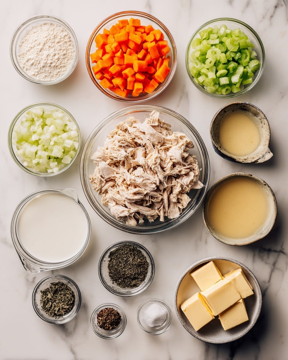 A top view of several clear glass bowls arranged on a white marbled surface, each holding different ingredients for cooking. At the center is a bowl filled with shredded light brown cooked chicken. Surrounding it, clockwise from the top left, are bowls containing chopped bright orange carrots, chopped pale green celery, and chopped white onions. Below the onions is a clear glass container with a white liquid, likely milk or cream. Next to it is a bowl with pale yellow broth. Near the chicken bowl, there is a bowl with black dried herbs or spices and another with three cubes of yellow butter. Along the bottom edge, there are small piles of beige flour, minced garlic, and ground black pepper in small containers. A woman's hand is not visible in the image. The overall setup is neat and ingredients are clean and fresh. photo taken with an iphone --ar 4:5 --v 7
