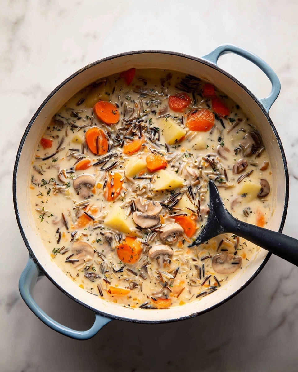 A close-up view of a large white pot with a blue rim filled with a creamy mixed stew. The stew has many small chunks and pieces in layers: bright orange carrot slices scattered throughout, soft light brown and beige mushroom slices, pale yellow potato chunks, and dark, thin strands of wild rice. The creamy broth looks light beige and coats all the ingredients evenly. A black spatula is partially dipped on the right side of the pot, stirring the stew. The pot sits on a white marbled surface. photo taken with an iphone --ar 4:5 --v 7