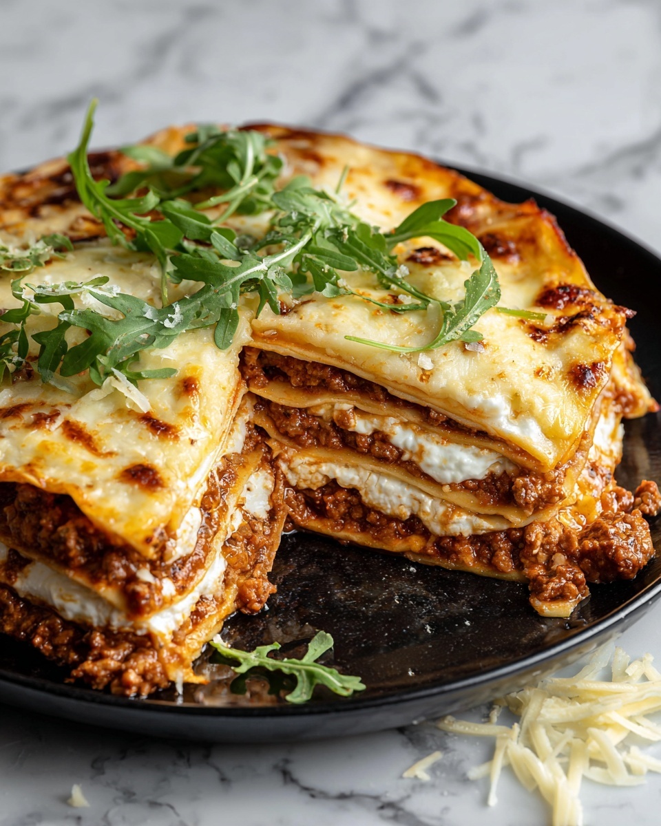 The image shows a thick, multi-layered lasagna on a black dish, resting on a white marbled surface. The lasagna has several visible layers: the bottom layer is a rich, brown meat sauce with a rough texture, followed by a creamy white cheese layer, then a soft pasta layer, topped with a golden melted cheese crust with some light brown spots. On top, there are fresh green arugula leaves scattered, adding a bright color contrast. One slice is slightly pulled out, showing the layers clearly, and there are small pieces of shredded cheese around the dish. Photo taken with an iphone --ar 4:5 --v 7