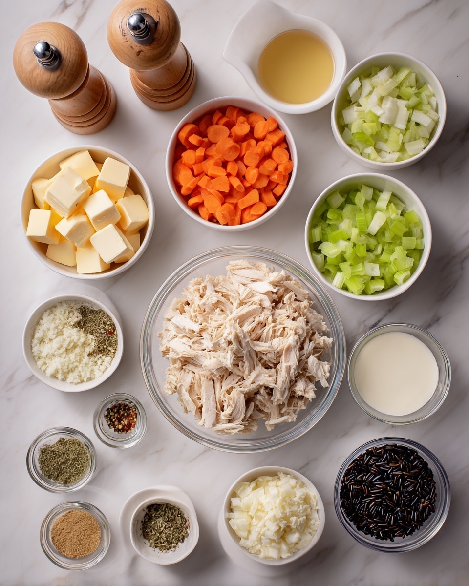 A top-down view of various ingredients arranged on a white marbled surface in small white bowls and clear measuring cups. In the center is a large clear bowl filled with shredded light beige chicken. Surrounding it are bowls with bright orange carrot pieces, pale green celery slices, and finely chopped white onions. There is a bowl with several cubes of light yellow butter, and another with dark black wild rice grains. Smaller containers hold light yellow minced garlic, white flour, light brown chicken broth, and white cream. Tiny bowls contain dried herbs and spices in shades of brown and green. Two wooden pepper mills with silver tops sit near the top left corner. The photo taken with an iphone --ar 4:5 --v 7