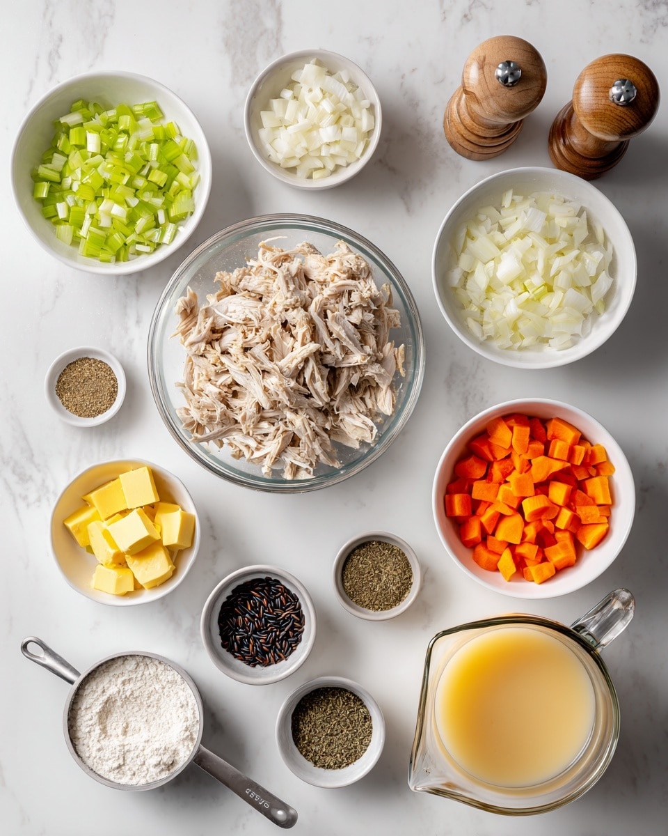 Seven clear white bowls and one clear bowl sit on a white marbled surface. The largest clear bowl in the top right holds a light brown broth with tiny bubbles on the surface. To its left is a smaller clear bowl filled with shredded light beige chicken. Above the chicken bowl, a white bowl contains bright orange carrot slices. Below the chicken bowl, another white bowl holds pale yellow diced potatoes. To the right of the potatoes, a white bowl is filled with chopped green celery. In the bottom right corner, two small white bowls hold fine white salt and ground black pepper. photo taken with an iphone --ar 4:5 --v 7