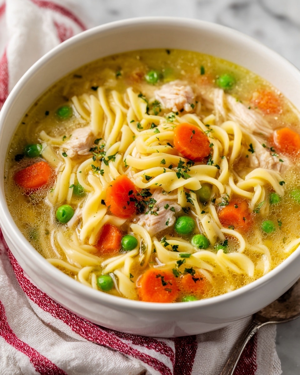 This image shows a close-up of a white bowl filled with clear chicken soup. The soup has many small pieces of light brown shredded chicken, bright orange carrot cubes, small green peas, and white potato cubes, all mixed in a light golden broth. There is a silver spoon resting inside the bowl on the right side. The bowl is sitting on a white marbled surface. The photo taken with an iphone --ar 4:5 --v 7