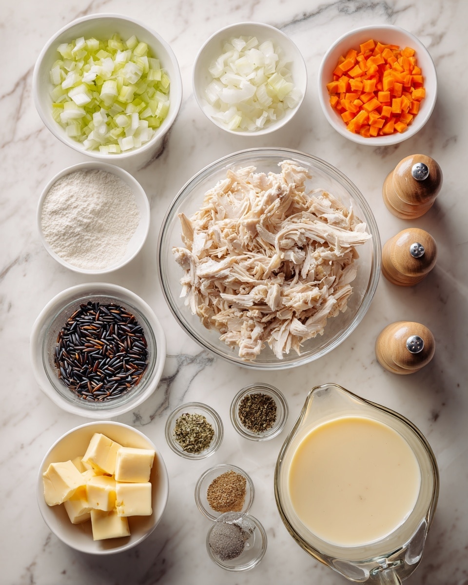 The image shows several white bowls and glass containers arranged on a white marbled surface, each filled with different cooking ingredients. In the center, a glass bowl holds shredded light brown cooked chicken pieces. To the top right, a white bowl contains small, bright orange carrot pieces. Next to it is another white bowl with small white onion pieces. On the top left, a white bowl is filled with light green chopped celery. Below these bowls, a small white bowl holds several yellow butter cubes, while beside it another white bowl has dark black wild rice grains. There are three small metal containers with different spices: one with tiny dried green herbs, another with ground black pepper, and a third with a brown spice. A small metal cup contains finely minced pale yellow garlic, and a white measuring cup holds white flour. At the bottom, a glass measuring cup is filled with light yellow chicken broth, and next to it is a glass measuring jug filled with white heavy cream. Salt and pepper mills in wood and clear plastic tops are also placed in the upper left corner. All items are neatly arranged on the white marbled surface. photo taken with an iphone --ar 4:5 --v 7