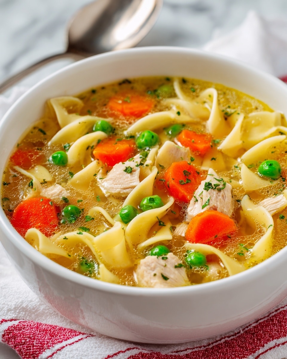 A close-up of a white bowl filled with chicken noodle soup sitting on a white marbled surface, with a spoon and a red and white striped cloth nearby. The soup has three main layers: the clear, light golden broth on the bottom; a middle layer of thick, uneven, pale yellow noodles spread throughout; and a top layer of bright orange carrot slices, vibrant green peas, small chunks of light brown chicken, and chopped celery bits, all sprinkled with small green herb flakes. The soup looks warm and comforting with a mix of soft and fresh textures. photo taken with an iphone --ar 4:5 --v 7