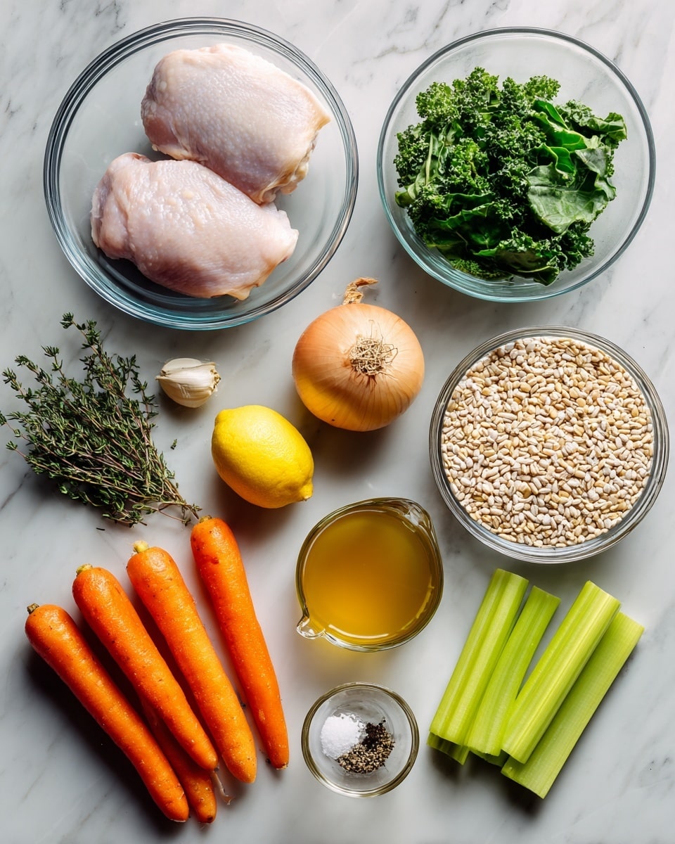 A flat lay of raw cooking ingredients arranged neatly on a white marbled surface, including a clear glass bowl with two pale pink raw chicken pieces showing some white fat on the left, a medium clear glass bowl filled with fresh, bright green leafy greens near the top center, and next to it a small bunch of fresh thyme and one whole round yellow onion with a papery skin. Nearby, there is one full garlic clove, three bright orange carrots with smooth skin lined up next to three fresh pale green celery stalks on the right side. Above the carrots and celery lies a whole yellow lemon. To the right, a large clear glass bowl contains dry beige barley grains. A measuring cup of light brown broth sits near the bottom center, with a small clear glass bowl of coarse white salt and black pepper, and a small bottle of golden olive oil to the bottom right. photo taken with an iphone --ar 4:5 --v 7