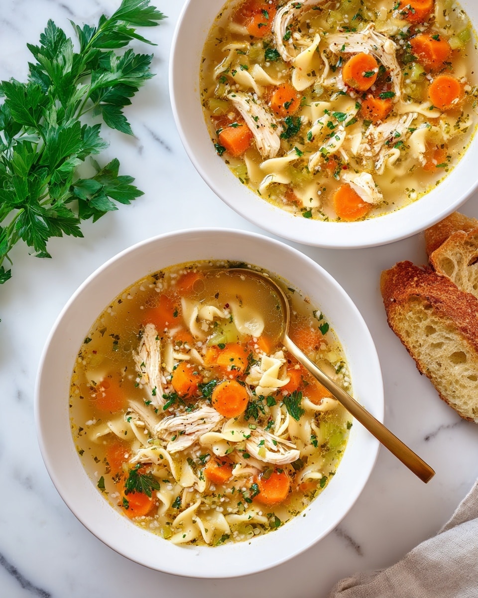 There are two white bowls filled with chicken soup placed on a white marbled surface. The front bowl has a clear broth with visible layers of shredded chicken, chopped orange carrots, small white grains, and sprinkled herbs throughout. A gold spoon rests inside this bowl. The bowl in the back has a creamier soup with shredded chicken, diced orange carrots, small pasta pieces, and herbs, all mixed evenly. To the right of the front bowl, a piece of toasted bread with a golden crust is partially visible. On the left side, a bunch of fresh green parsley lies on the surface. Photo taken with an iphone --ar 4:5 --v 7