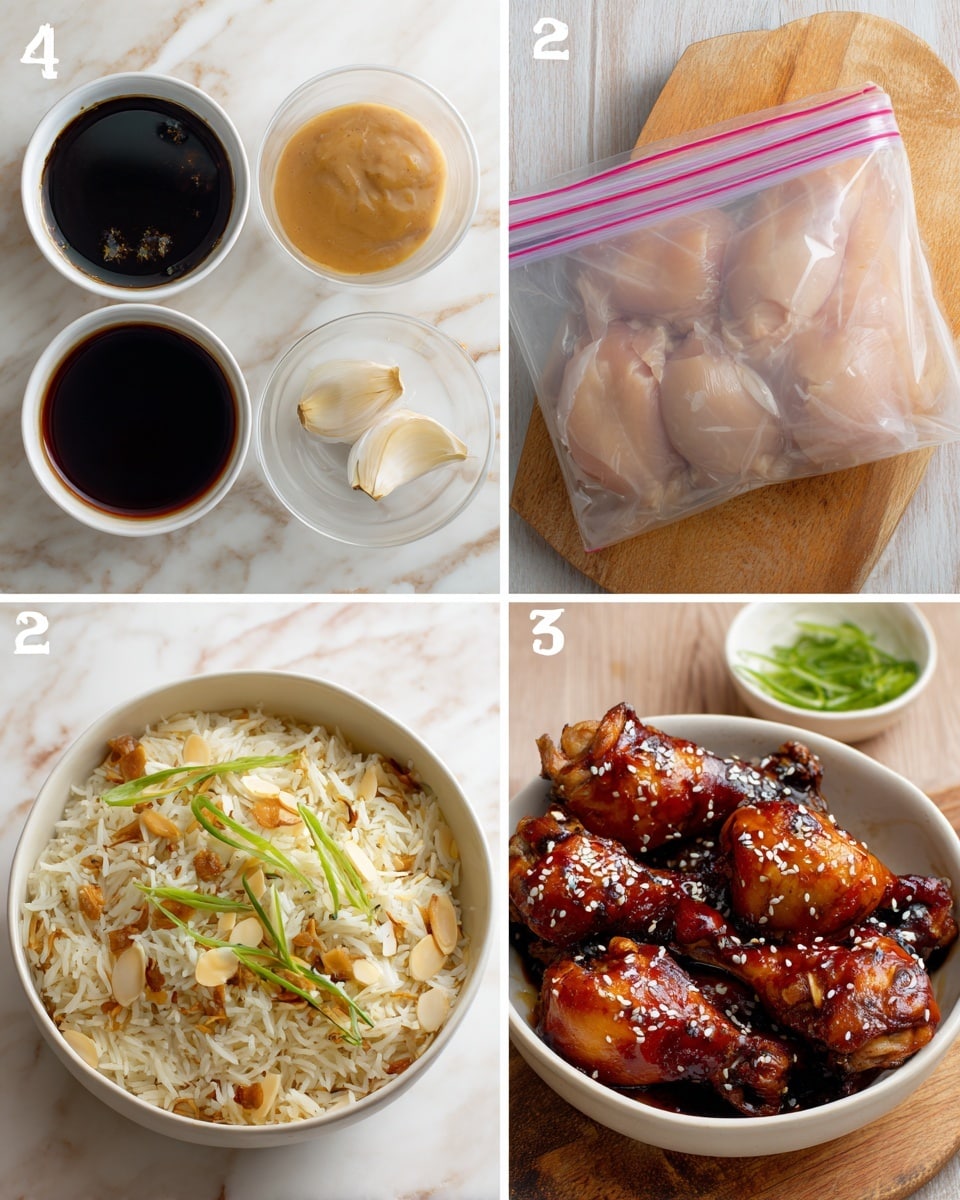 The image shows four scenes related to a chicken recipe. The top left part displays three small white bowls on a white marbled surface, filled with a dark sauce, a light brown liquid, and a creamy pale paste, surrounded by three garlic cloves. The top right part shows raw chicken pieces inside a clear plastic bag with a pink zipper, resting on a wooden board. The bottom left part presents a white bowl filled with a fluffy rice dish mixed with sliced almonds and garnished with thin green onion slices, placed on a white marbled surface with a small bowl of green garnish beside it. The bottom right part features cooked chicken drumsticks with a dark glossy glaze, sprinkled with sesame seeds and more green onion slices, arranged over the same rice dish. Photo taken with an iphone --ar 4:5 --v 7