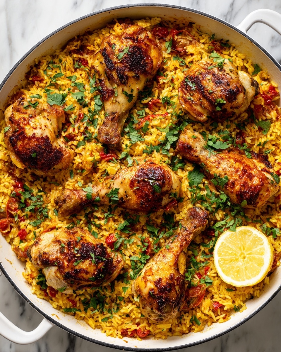 A white round pan filled with a layer of yellow rice mixed with small red chunks, topped with six golden cooked chicken drumsticks placed evenly around. The surface is sprinkled with tiny pieces of red onion and tomato, and fresh leafy green cilantro is scattered on top. A wedge of lemon sits on the right side of the pan. The pan rests on a white marbled surface. photo taken with an iphone --ar 4:5 --v 7