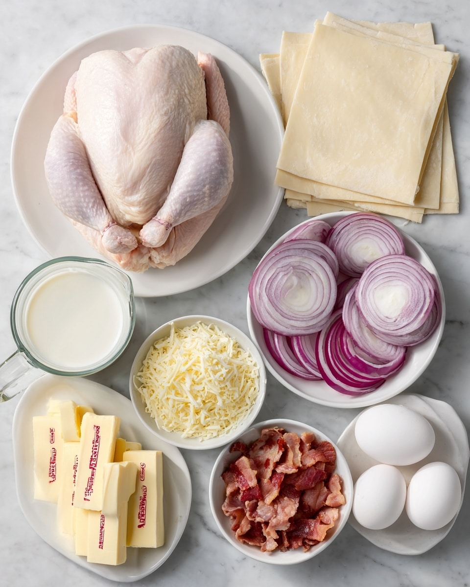 The image shows raw cooking ingredients arranged neatly on a white marbled surface. At the center-left is a whole raw chicken with pale pink skin placed on a white plate. Above it, there is a glass measuring cup filled with milk, next to folded sheets of light beige pastry dough. To the right of the milk is a white bowl filled with sliced red onions with purple and white rings. Below these are small white bowls holding grated cheese, chopped ham in light pink pieces, white flour, and black pepper plus salt. At the bottom left, two sticks of butter in paper wrapping with red letters are placed side by side. Next to them is a white bowl holding two whole white eggs. At the bottom right, a small white dish contains chopped cooked bacon in reddish-brown pieces. Photo taken with an iphone --ar 4:5 --v 7