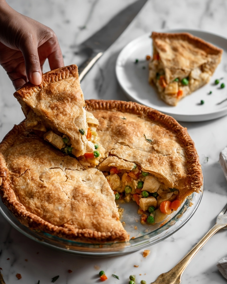 The image shows a golden brown pie with a flaky crust that is slightly cracked on top, revealing a filling made of white chunks of meat, orange carrot pieces, and green peas inside. A slice has been taken out and placed on a white plate behind it. The pie rests on a clear glass plate on a white marbled surface with a knife and fork nearby. A woman's hand can be seen reaching toward the plate. Photo taken with an iphone --ar 4:5 --v 7