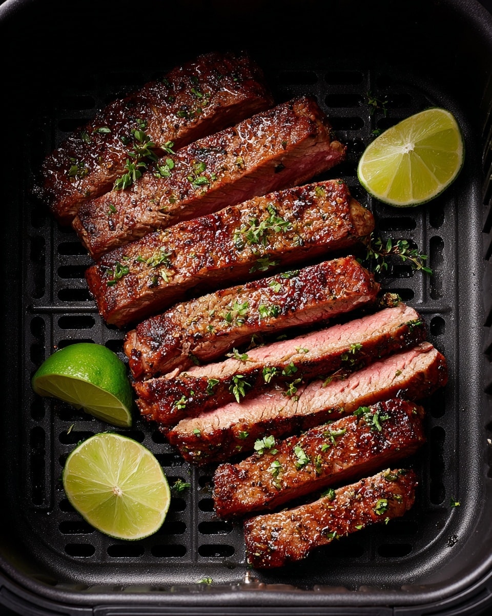 A piece of cooked steak sits inside a dark air fryer basket, partly sliced into six thick pieces showing a pink inside and a brown seasoned outside. The steak is topped with small green herb leaves scattered on top and around it. Two lime wedges with a slightly juicy texture lay next to the steak on the left and right sides, placed on the basket’s surface. The overall look shows a fresh, juicy grilled steak inside the basket, with a moist and rich texture. photo taken with an iphone --ar 4:5 --v 7