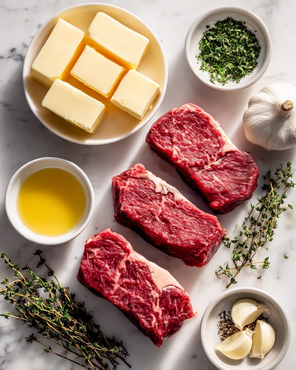 The image shows three raw, red steak pieces arranged side by side on a white marbled surface. Around the steaks are six small white bowls containing different ingredients. In the top left, a white bowl holds multiple square blocks of yellow butter stacked neatly. Near the top center, a small white bowl contains finely chopped green herbs. At the top right, a whole garlic bulb is placed beside the bowls. Below the steaks to the left, there are sprigs of fresh thyme with green leaves. In the front center, a small white bowl holds a yellow liquid sauce, and next to it, a tiny white bowl contains coarse pepper. On the bottom right, a white bowl shows three peeled garlic cloves. The setup is clean with a neat and fresh look, and the light highlights the colors and textures clearly. photo taken with an iphone --ar 4:5 --v 7