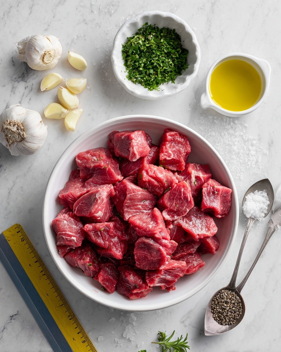 The image shows a white bowl filled with bright red chunks of raw meat placed on a white marbled surface. Surrounding the bowl are various ingredients arranged neatly: a small white bowl of green chopped herbs, a white dish with several peeled garlic cloves, a small white bowl with golden olive oil, and two silver spoons holding salt and black pepper. A yellow and blue ruler is placed on the left side for scale. The setup is clean and organized, with soft natural lighting highlighting the fresh colors of the ingredients. Photo taken with an iphone --ar 4:5 --v 7
