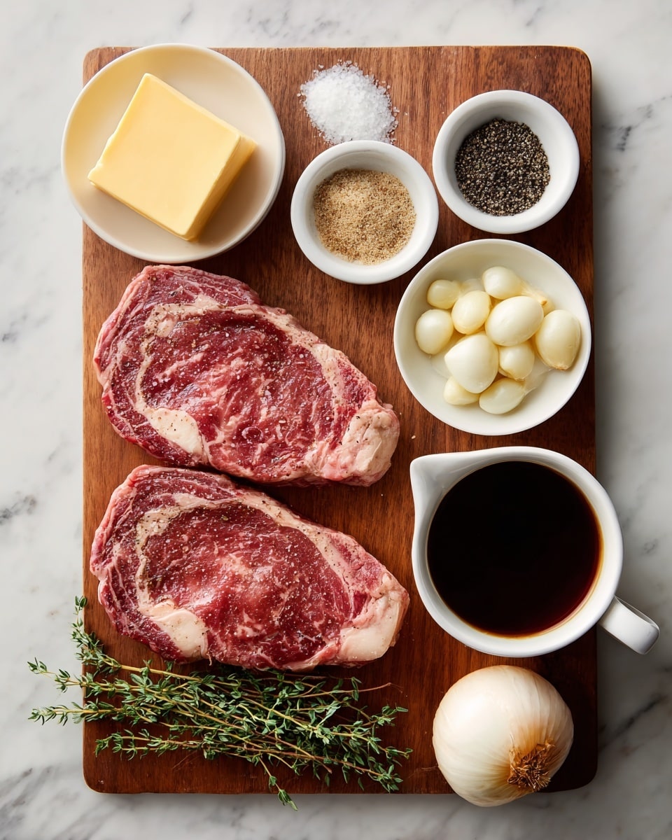The image shows a wooden board on a white marbled surface with two raw ribeye steaks placed side by side in the top left area. To the right of the steaks, there are three small white bowls containing black pepper, salt, and a light brown spice, arranged in a row. Below the steaks, on the left side, there is a white bowl with a square piece of yellow butter. Next to it, in the middle, there is a small white bowl filled with peeled garlic cloves. On the bottom right, a white cup holds dark brown sauce or liquid. A whole peeled white onion sits near the center, slightly to the right, and fresh sprigs of thyme are placed across the bottom edge of the board. photo taken with an iphone --ar 4:5 --v 7