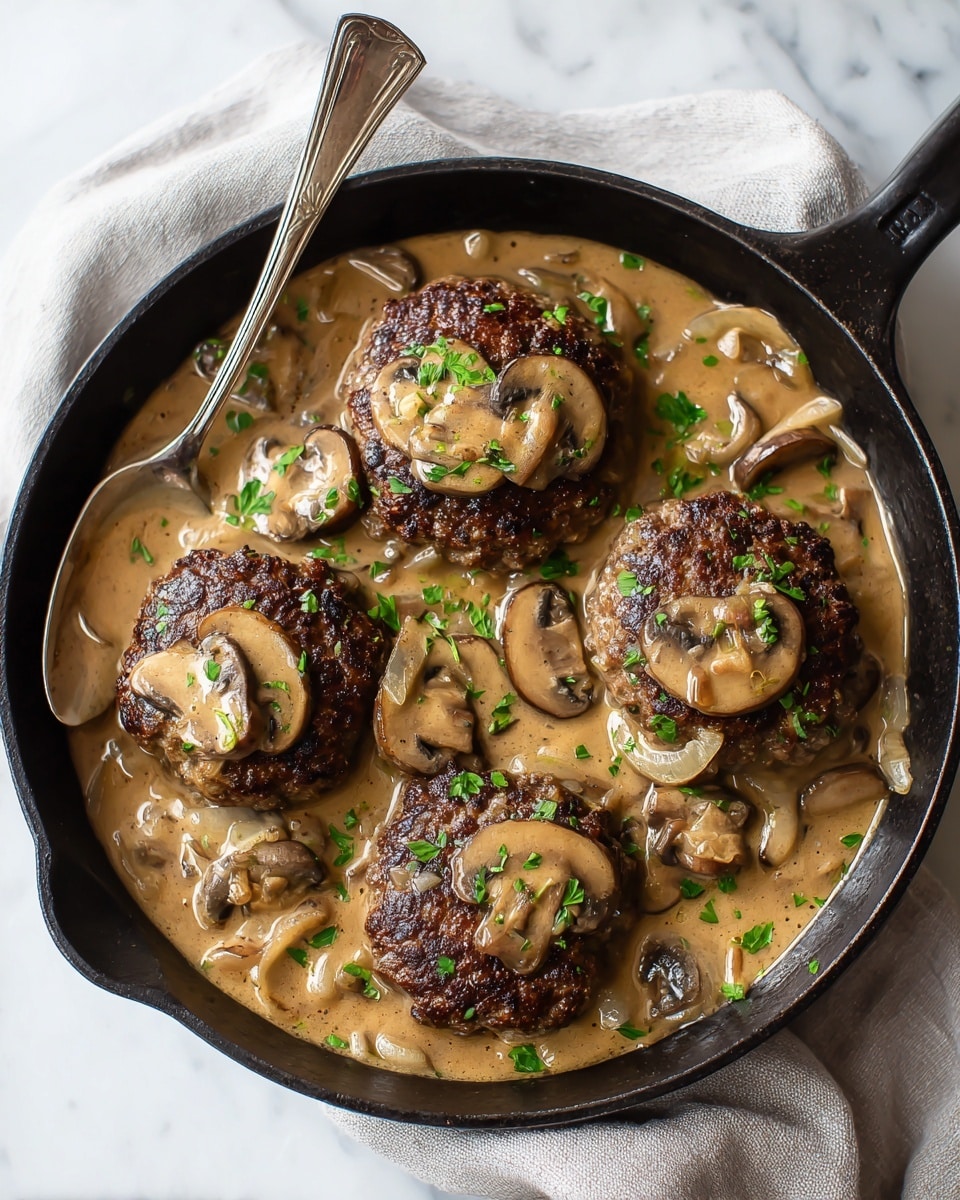 The image shows a black iron skillet filled with four dark brown patties cooked on top, partially covered by a thick light brown mushroom sauce. The sauce has sliced light tan mushrooms scattered on top and throughout, along with small pieces of onions. Some green chopped herbs are sprinkled over the patties and sauce for color contrast. A silver spoon rests inside the skillet, slightly under one patty. The skillet sits on a white marbled surface with a light gray cloth partially visible underneath. photo taken with an iphone --ar 4:5 --v 7