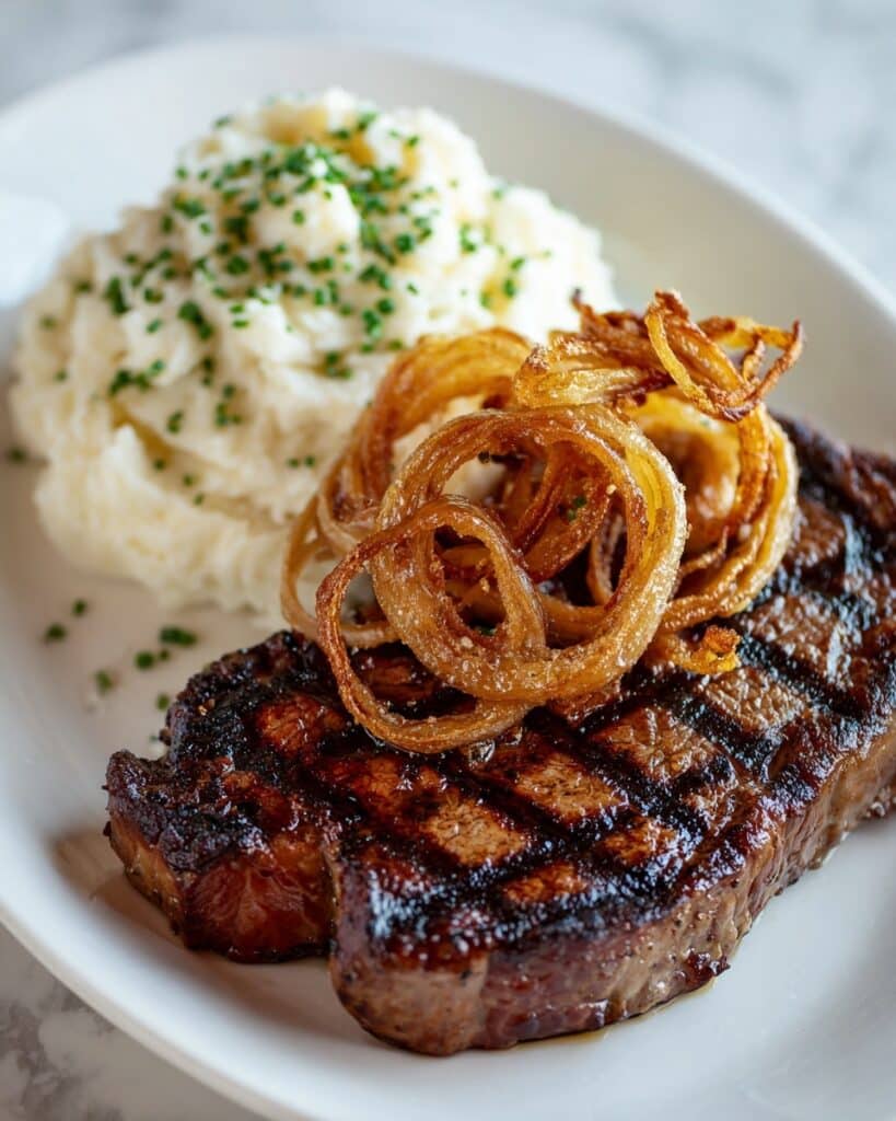 Steak with Caramelized Onions and Herb Mashed Potatoes Recipe
