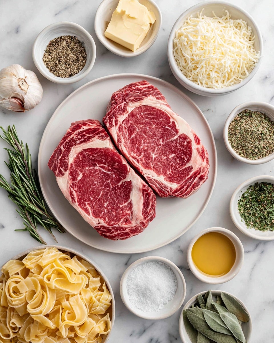 Two raw marbled red steaks are placed side by side on a white plate in the center. Around the plate, there are 11 small bowls on a white marbled surface, each containing different ingredients: white shredded cheese, a mix of dried herbs, peeled garlic cloves, white powdered salt, coarse salt, a sprig of rosemary with some bay leaves, chopped green herbs, melted butter cubes, brown liquid sauce, a pale yellow sauce, and a bowl of rolled pasta sheets. A woman's hand is holding shredded cheese over the bowls. The image is well lit, showing off the textures and colors clearly, photo taken with an iphone --ar 4:5 --v 7