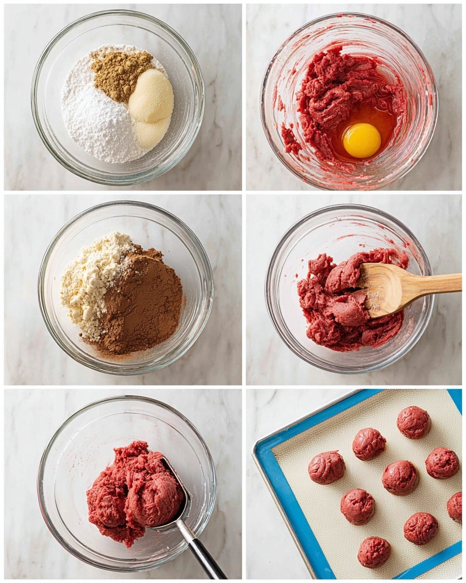 The images show a step-by-step process of making red dough in a clear glass bowl on a white marbled surface. The first image has three different layers: white sugar, light beige softened butter, and brown sugar on top of the white sugar, all unmixed. The second image shows the ingredients mixed into a light brown creamy texture with a raw egg yolk added on one side. The third image adds red liquid dye into the light brown dough, which has a rough texture. The fourth image shows flour and cocoa powder on top of the red and brown dough, with the dough partially mixed, showing a red and white powdery contrast. The fifth image shows the dough fully mixed into a smooth, thick red paste with a woman's hand holding a wooden spatula inside the bowl. The final image shows five red dough balls placed on a white baking mat with blue edges on a baking tray; a metal scoop with a black handle holds red dough, ready to make more balls. Photo taken with an iphone --ar 4:5 --v 7