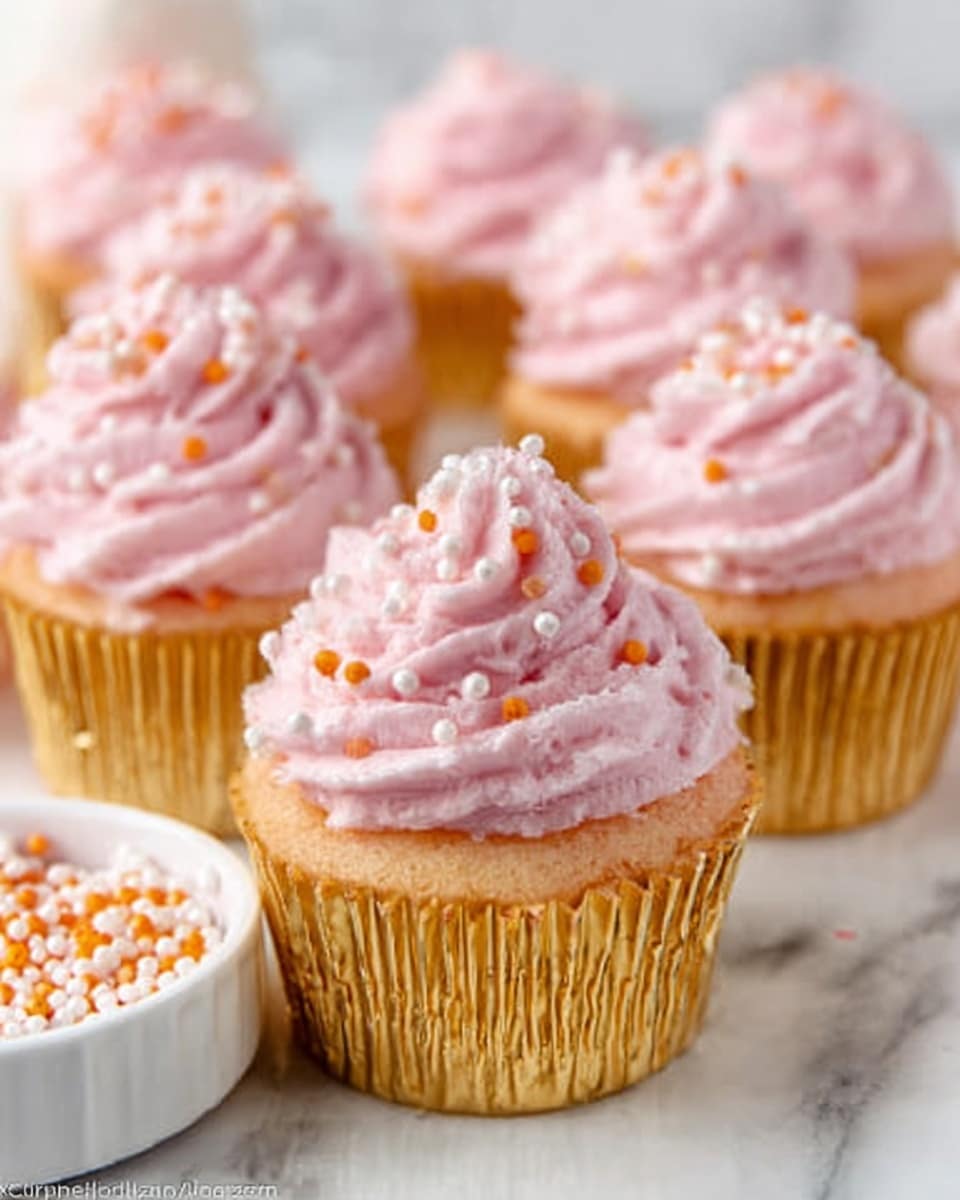 The image shows a group of cupcakes with pink frosting swirled on top, each decorated with small round orange and white sprinkles. The cupcakes have a golden wrapper that shines slightly. They are arranged close together on a white marbled surface. In the foreground, there is a white bowl with more orange and white sprinkles. The frosting looks smooth and creamy, and each cupcake has one layer of fluffy cake at the base with the thick layer of pink frosting on top. The lighting highlights the soft texture of the frosting and the shiny texture of the wrappers. photo taken with an iphone --ar 4:5 --v 7