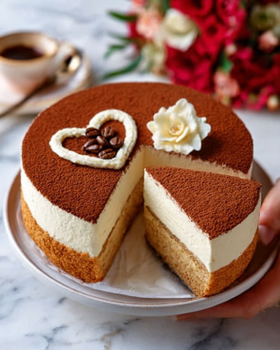 A round tiramisu cake with two distinct layers sits on a white plate on a white marbled surface. The bottom layer is a light brown, soft sponge soaked with coffee, and the top layer is thick and creamy white mascarpone cheese. The cake is dusted with a thick layer of cocoa powder on top. One slice is slightly pulled out, showing the creamy texture inside. On top, there is a small decoration of three coffee beans and a white flower made of cream near the edge. A woman's hand is holding the plate. In the background, there is a blurred red and white flower arrangement. Photo taken with an iphone --ar 4:5 --v 7