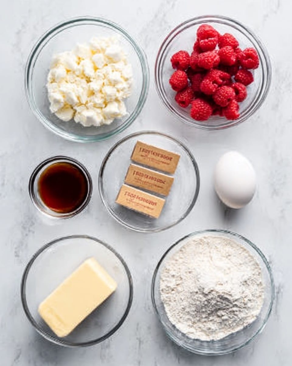 The image shows several small clear glass bowls and a white marbled surface. Each bowl contains an ingredient: one bowl has white crumbly cheese, another has bright red frozen raspberries, and a third bowl has two small light brown sugar packs with regular sugar next to them in the same bowl. There is a small glass bowl with a dark brown liquid, likely vanilla, and a smaller bowl or container with clear liquid. A white egg sits next to a stick of butter wrapped in paper. A larger bowl holds white flour. The bowls and ingredients are neatly arranged on the white marbled surface in a balanced layout. Photo taken with an iphone --ar 4:5 --v 7