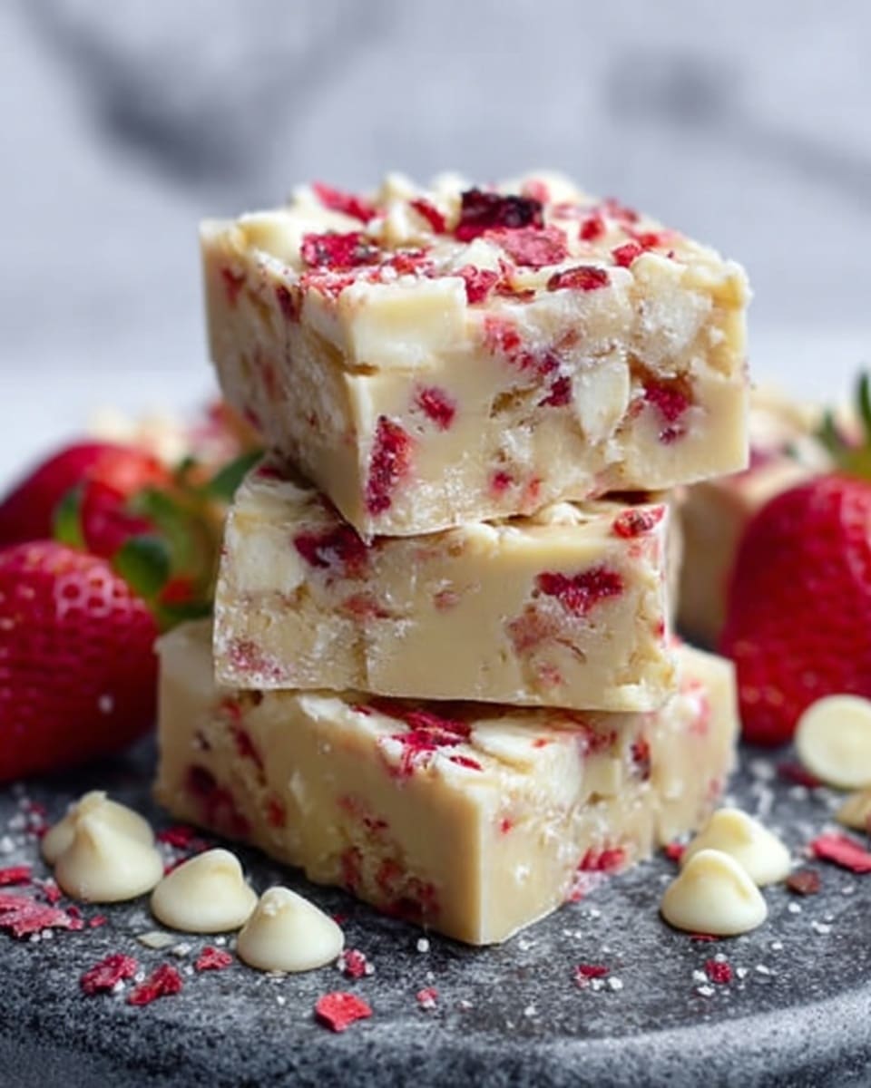 The image shows a stack of three square pieces of white fudge with red berry bits mixed inside and sprinkled on top. The fudge looks smooth and creamy with visible white chocolate chips inside the layers. The pieces rest on a round dark marble surface, and around them are scattered more white chocolate chips and a few fresh strawberries. The background is a white marbled texture. Photo taken with an iphone --ar 4:5 --v 7