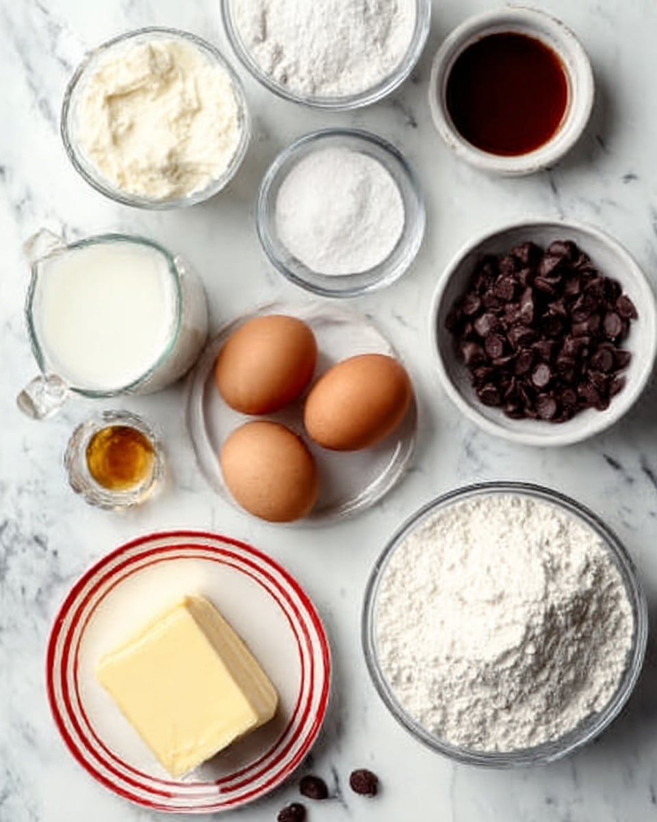 The image shows several clear glass bowls and small white dishes placed on a white marbled surface, each containing different ingredients for baking. There is a bowl with dark chocolate chips on the top right, a bowl with two whole brown eggs in the center, and a bowl with white flour on the bottom right. Other dishes hold white powdered sugar, vanilla extract in a small bowl, a solid stick of yellow butter on a small plate with red stripes, a clear glass cup with milk on the left, and a larger glass bowl with white cream or sour cream near the top left. The scene looks bright with a neat arrangement of ingredients, all on the white marbled countertop. photo taken with an iphone --ar 4:5 --v 7