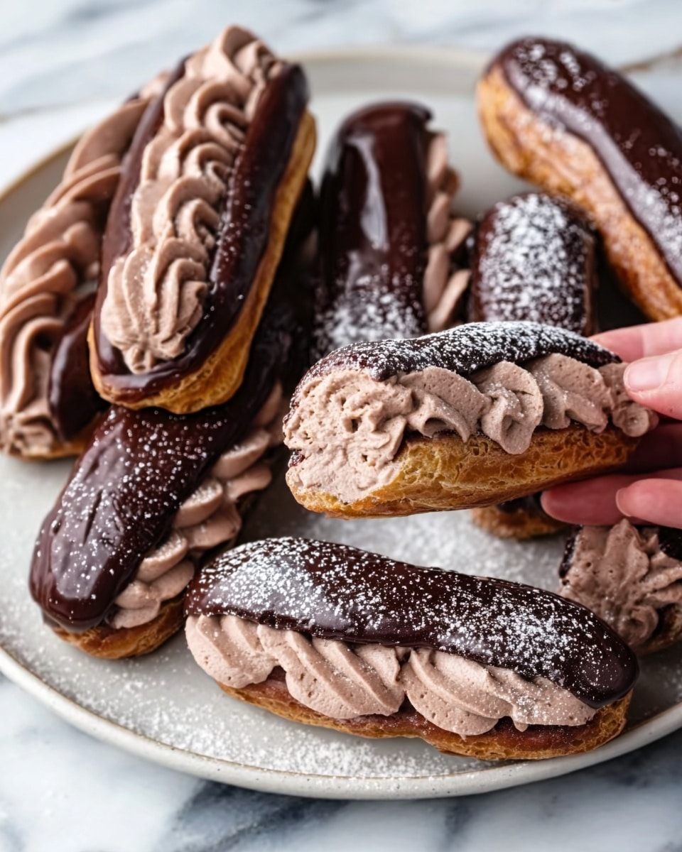 The image shows a white round plate on a white marbled surface, filled with several chocolate éclairs. Each éclair has a shiny, dark chocolate glaze on top and is filled with smooth, light brown chocolate cream that is piped in swirls. Some éclairs are cut open to reveal the creamy, soft filling inside, and there is a light dusting of powdered sugar on a few of them. The textures contrast between the glossy chocolate coating, the soft and creamy filling, and the firm pastry shell underneath. One éclair is being held by a woman's hand from the side. Photo taken with an iphone --ar 4:5 --v 7