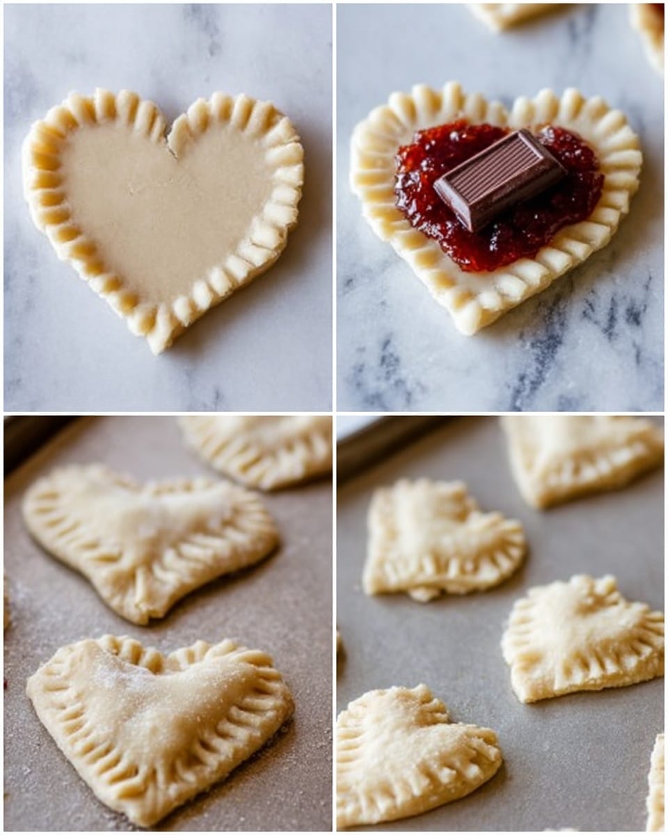 The collage shows the process of making heart-shaped filled pastries. The first image displays two raw, scalloped-edged dough hearts lying flat on a white marbled surface, with a smooth and light beige color. The second image zooms in on an unbaked dough heart on the same white marbled surface, topped in the center with a dark red jam layer and a single piece of milk chocolate placed on top. The third image shows several baked pastries on a lined tray; they are heart-shaped with the edges pressed down in a fork pattern, golden-brown in color, and slightly puffed. photo taken with an iphone --ar 4:5 --v 7