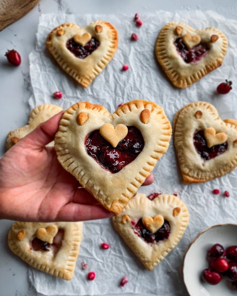 The image shows several heart-shaped pastries on a white marbled surface with crumpled white parchment paper underneath. Each pastry has a pale golden crust with crimped edges and a smaller heart shape cut out in the center filled with small, dark red berries. On top of each small heart cutout, there is a tiny, light golden heart-shaped dough decoration placed near the edge. The pastries are arranged loosely with some scattered dark red berries nearby. A woman's hand is holding a pastry on the left side, and a small white plate holds a few dark red berries on the right side. Photo taken with an iphone --ar 4:5 --v 7