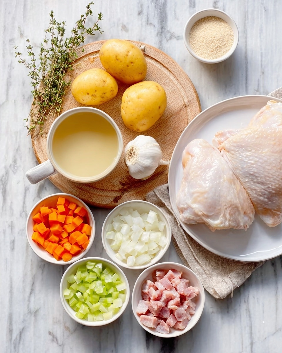 The image shows a round wooden board on a white marbled surface, holding two peeled yellow potatoes, a whole garlic bulb, a small white bowl with cream-colored liquid, and a sprig of fresh green thyme. Next to the board is a white plate with two large pale chicken pieces. Surrounding the board and plate are five small white bowls arranged in a loose circle: one bowl holds small pink chunks of meat, another with bright orange chopped carrots, one with white diced onions, one with green chopped celery, and the last containing a light creamy liquid. A small white bowl with a beige powder sits above the board. The lighting is soft and natural, and the scene has a clean, fresh look. Photo taken with an iphone --ar 4:5 --v 7