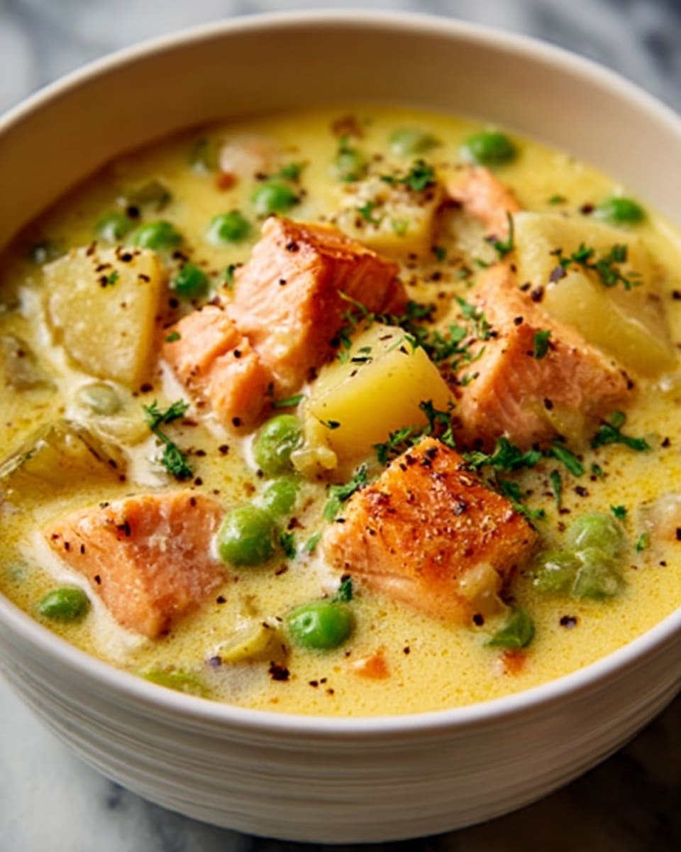 A white bowl filled with creamy soup showing three layers of ingredients clearly: the base is a thick yellow creamy broth with visible small green peas and diced potatoes; the middle layer has chunks of orange salmon pieces that have a slightly grilled texture on top; the top layer is sprinkled with chopped green herbs and some black pepper flakes, adding color contrast; the bowl sits on a white marbled surface. photo taken with an iphone --ar 4:5 --v 7