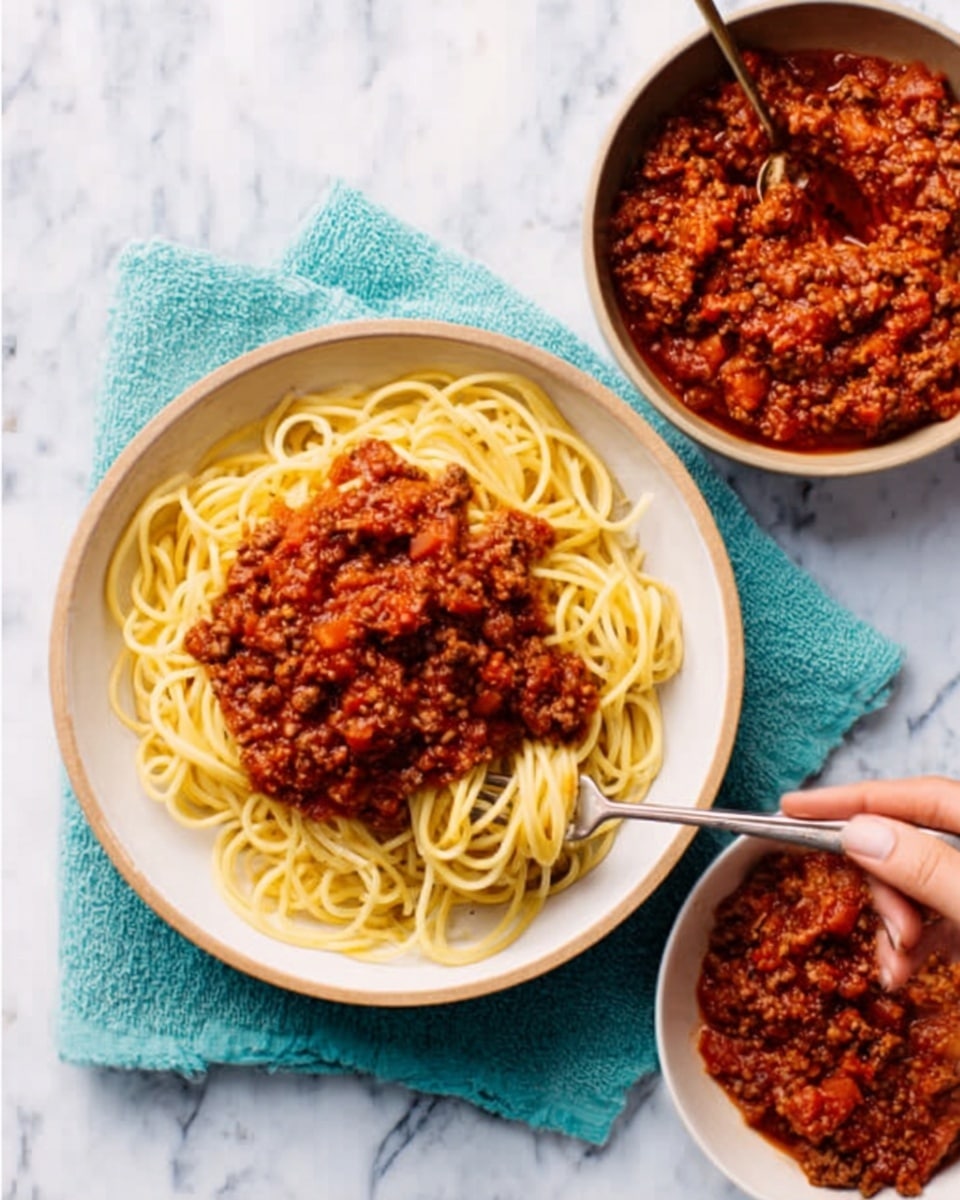 The image shows two white bowls filled with spaghetti topped with rich red meat sauce. The spaghetti is yellow and looks soft, placed as a base layer inside the bowls. On top, the thick red sauce with small pieces of meat covers the pasta unevenly. One bowl sits on a white marbled surface with a turquoise cloth underneath, and a woman's hand holds a fork twirling spaghetti in the larger bowl. To the right, a small pan filled with the same red meat sauce is visible, resting on the same white marbled surface. The overall setting has warm colors with a casual feel. Photo taken with an iphone --ar 4:5 --v 7