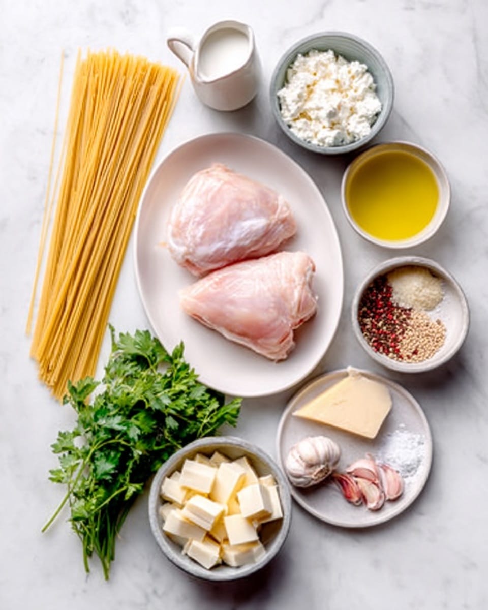 The image shows an organized overhead view of raw cooking ingredients on a white marbled surface. There is a white oval plate in the center holding two raw chicken pieces with smooth pale pink skin. To the left, uncooked long spaghetti strands rest flat, while to the right, a small piece of hard pale yellow cheese with a hard surface is placed near a soft white creamy cheese in a gray bowl. Below the chicken plate, a bunch of fresh green parsley adds bright color, and next to it, a clear glass bowl contains a light yellow oil. In front, a white bowl holds small cubes of pale yellow butter. At the top right corner, a white round plate displays mustard seeds, dried red pepper flakes, salt crystals, garlic cloves, and pink peppercorns arranged separately in small groups. A white jug with milk is at the top left. The overall setup is clean and neat, highlighting different textures and natural colors. Photo taken with an iphone --ar 4:5 --v 7