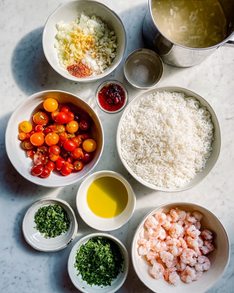 The image shows several white bowls arranged on a white marbled surface, each containing different ingredients for cooking. In the center, there is a large white bowl filled with white rice. On the right side, there is a white bowl with small cooked shrimp, pink and slightly curled. Next to it, there is another white bowl filled with mixed cherry tomatoes in shades of red and orange with a glossy look. On the top left, a white bowl holds a mixture of chopped onions and garlic, light yellow and white in color. Next to it is a small container with a red sauce or paste. Below that, a small white bowl contains bright yellow oil. In the center top, a white bowl contains chopped fresh green herbs. To the top right, a silver pot holds a light broth with a smooth surface. The arrangement is clean and organized, with natural daylight highlighting the colors. Photo taken with an iphone --ar 4:5 --v 7