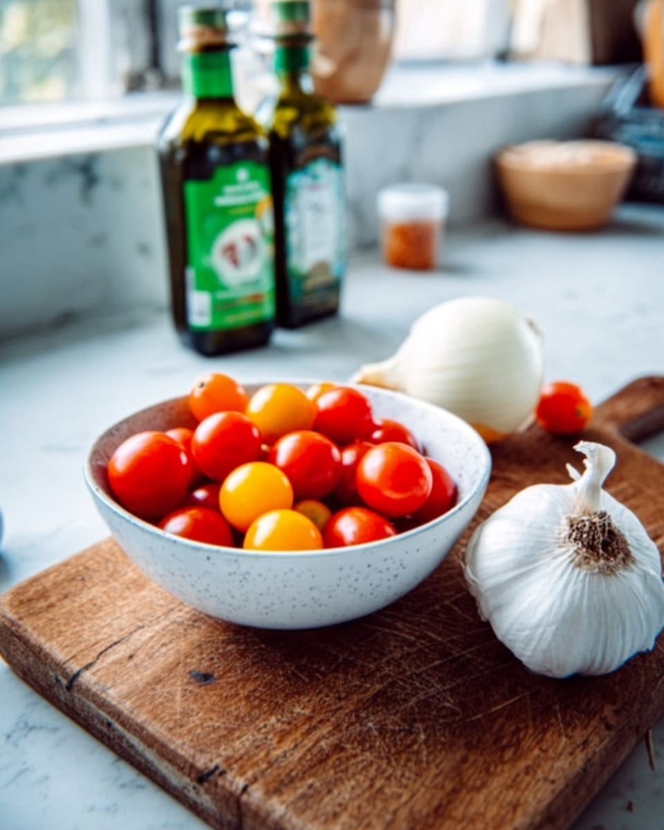 A white bowl filled with bright red and yellow cherry tomatoes sits on a wooden cutting board. Nearby, a whole white onion and a bulb of garlic rest on the board as well. Two green bottles of olive oil stand in the background on a white marbled surface. The scene is brightly lit and focused closely on the fresh ingredients. Photo taken with an iphone --ar 4:5 --v 7