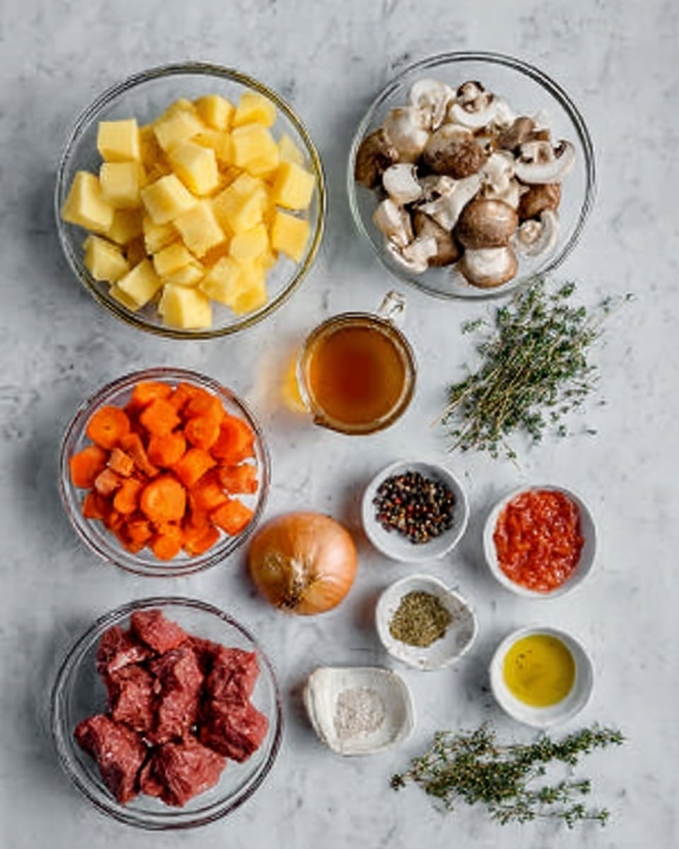 The image shows a variety of ingredients laid out neatly on a white marbled surface. There are clear glass bowls with cubed yellow potatoes, sliced carrots, chopped onions, mushrooms, crushed tomatoes, and raw beef cubes. Smaller white bowls hold spices including chopped garlic, peppercorns, and dried herbs, while a small glass cup contains a light brown liquid, likely broth. A few fresh thyme sprigs and olive oil in a small dish add to the spread. All items are arranged cleanly with good spacing, creating a tidy and colorful display of ingredients. photo taken with an iphone --ar 4:5 --v 7