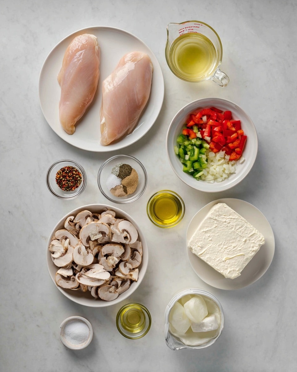 Two raw chicken fillets sit on a white plate at the top left, with a small glass measuring cup of light yellow liquid to the right. Below the chicken, small clear bowls hold mixed spices, salt, chopped red and green bell peppers, chopped garlic, and chopped onions. A bowl at the center contains sliced mushrooms. On the right, a white plate holds a block of cream cheese, and below it is a small glass jar of white liquid. A small white bowl with olive oil sits between the cream cheese and measuring cup. All items are arranged on a white marbled surface photo taken with an iphone --ar 4:5 --v 7