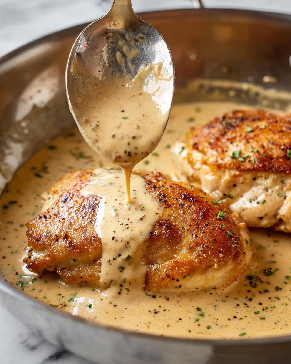 The image shows two golden-brown chicken pieces in a pan with a creamy light tan sauce being poured over one piece from a shiny silver spoon. The chicken has a slightly crispy texture with visible black pepper and small green herb bits scattered on top. The sauce looks smooth and thick, gently pooling around the chicken and covering the pan’s surface. The pan is silver-colored and reflective, contrasting with the warm colors of the chicken and sauce, and the background is a white marbled texture. Photo taken with an iphone --ar 4:5 --v 7
