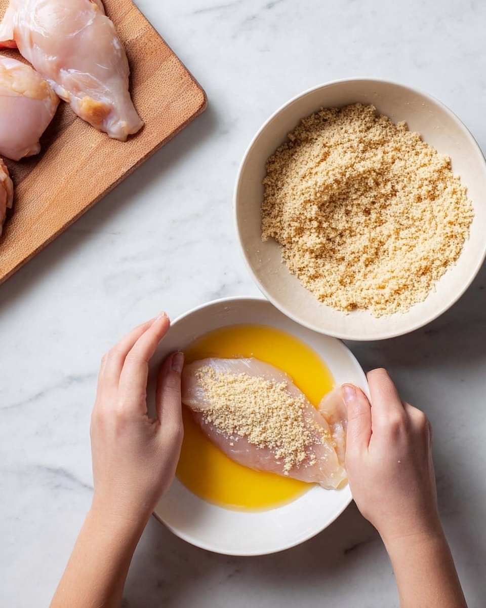 The image shows two bowls on a white marbled surface with raw chicken parts being prepared. The bowl on the left is white and filled with beaten yellow eggs, holding a single raw chicken piece partially soaked in the egg. The bowl on the right, changed to white as per instructions, contains light brown bread crumbs with a raw chicken piece being coated in it by two woman's hands. The chicken piece looks pale and smooth, while the bread crumbs add a rough texture. There is also a wooden cutting board with more raw chicken parts visible in the top left corner. Photo taken with an iphone --ar 4:5 --v 7