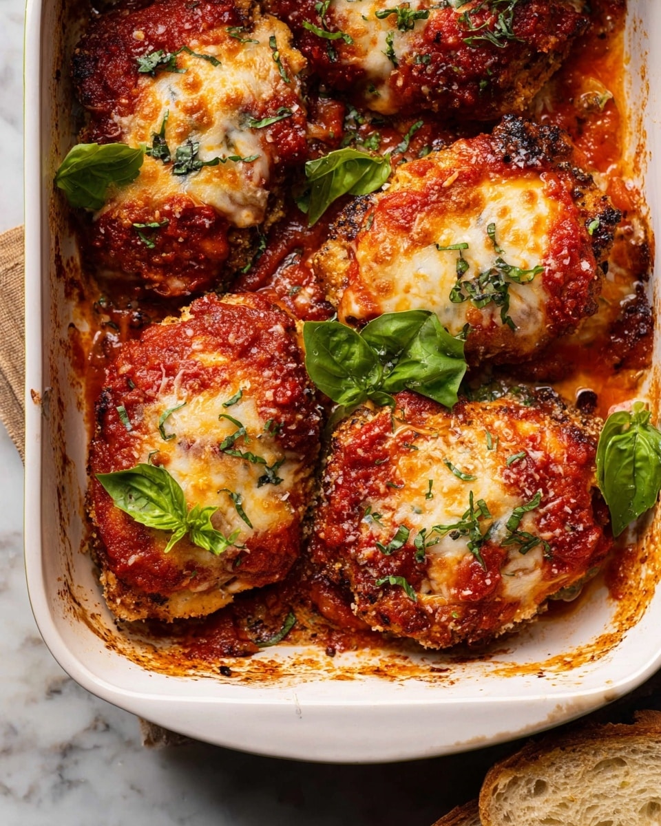 The image shows a white baking dish filled with four pieces of cooked chicken covered in layers of red tomato sauce and melted cheese. Each piece has a crispy, browned base with a rough texture and is topped with a thick, chunky red sauce that covers most of the surface. On top of the sauce, there is a layer of melted cheese that has browned slightly in spots. Fresh green basil leaves and small chopped herbs are scattered over all the chicken pieces, adding a touch of color. The dish is placed on a white marbled surface with a piece of bread partially visible on the right side. Photo taken with an iphone --ar 4:5 --v 7