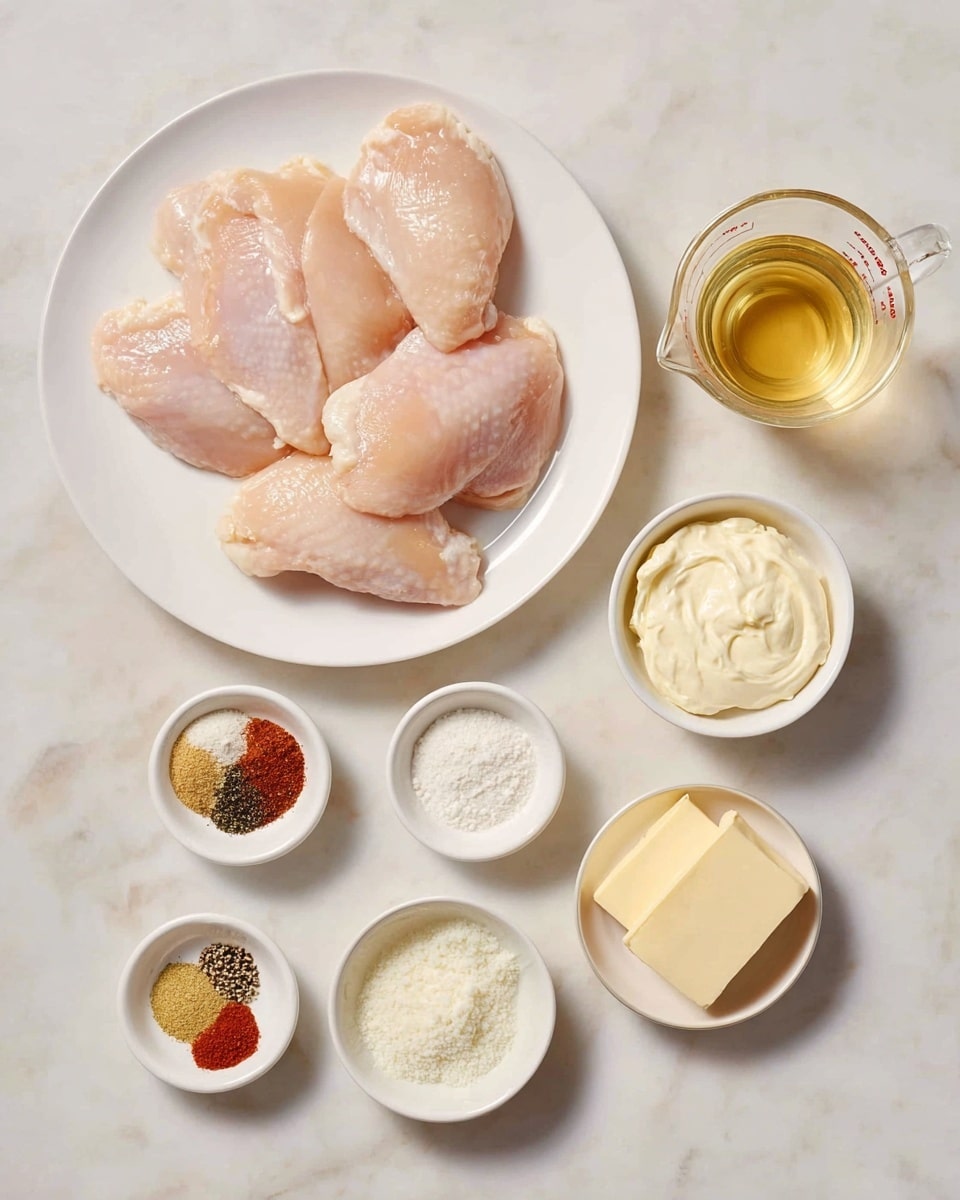 A white plate holds four raw pale pink chicken pieces with a smooth, slightly shiny texture arranged in a loose cluster, placed on a white marbled surface. To the right of the plate is a clear glass measuring cup filled with a light golden liquid. Below the plate are eight small white bowls of various shapes, each containing different ingredients: one bowl with a fine white powder, another with mixed spices in four sections including red, black, yellow, and white powders, a third bowl with thick white sour cream, one with a yellowish thick powder, a small bowl with minced pale yellow garlic, a bowl with two rectangular pieces of light yellow butter, a small bowl with clear oil, and another bowl with white powder. The light is soft and natural, showing all details clearly. photo taken with an iphone --ar 4:5 --v 7