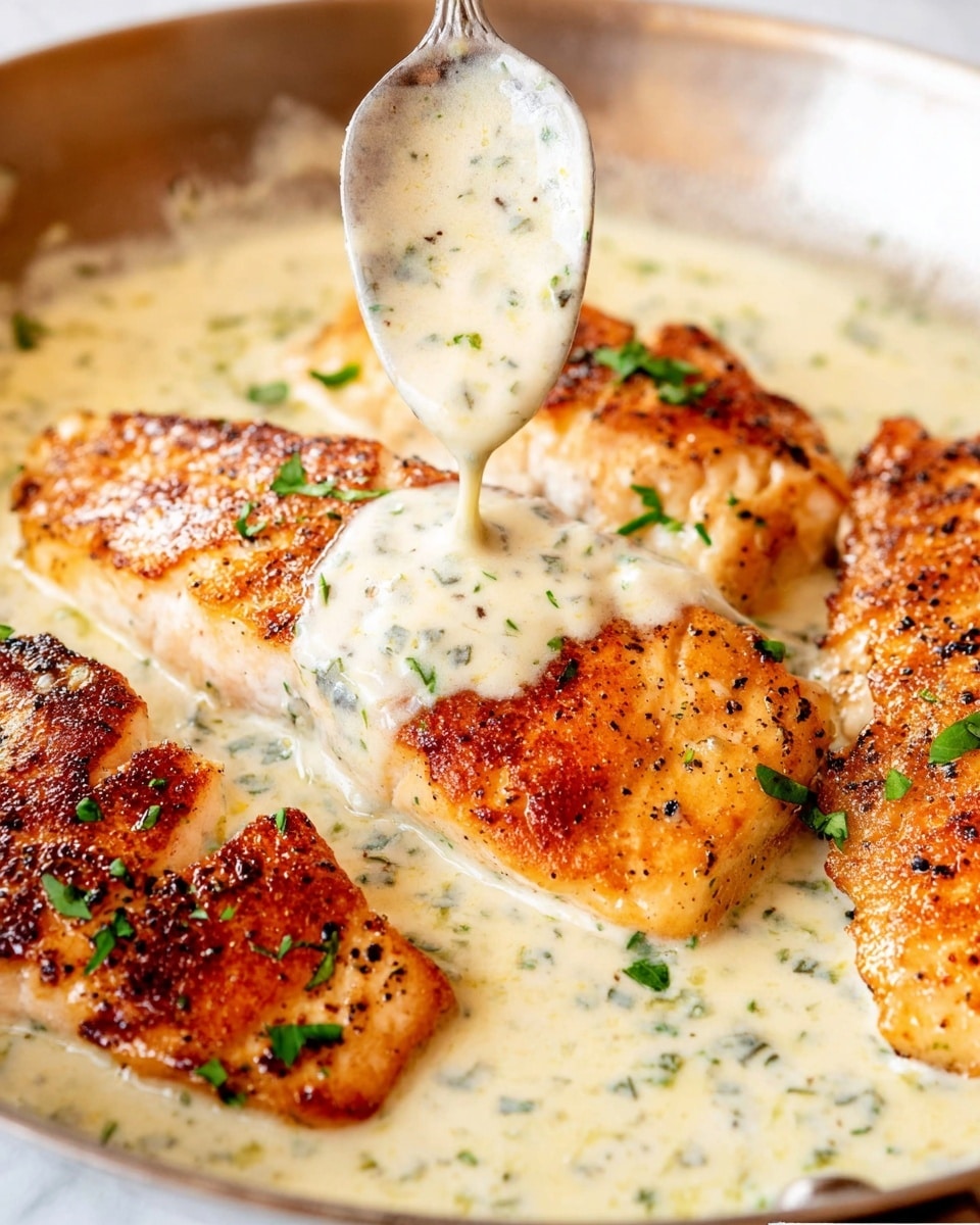 The image shows three golden-brown cooked fillets with a textured, crispy surface, sitting in a creamy white sauce speckled with green herbs. A spoon is pouring more of the sauce over one fillet, adding a glossy, smooth layer that partially covers the rich, seasoned chicken. Small green herb pieces are scattered on top, adding a fresh contrast to the warm colors of the fillets and the pale sauce. The dish is against a soft white marbled surface, giving a clean and bright background. photo taken with an iphone --ar 4:5 --v 7