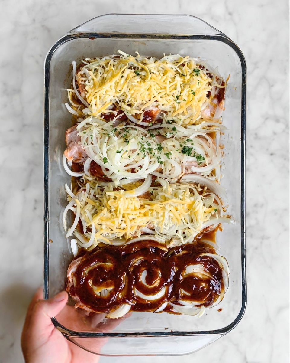 The image shows a white glass baking dish with four clear layers of food. The bottom layer is raw chicken pieces covered with a dark red sauce, topped with a spiral pattern of a thick, dark brown sauce. The second layer is thin white onion slices spread evenly across the chicken. The third layer is shredded cheese, pale yellow and scattered all over the onions. The top layer is melted cheese with some green herbs sprinkled on top, giving a light touch of color contrast. A woman's hand is visible holding the dish from the bottom right corner. The dish is placed on a white marbled surface. photo taken with an iphone --ar 4:5 --v 7
