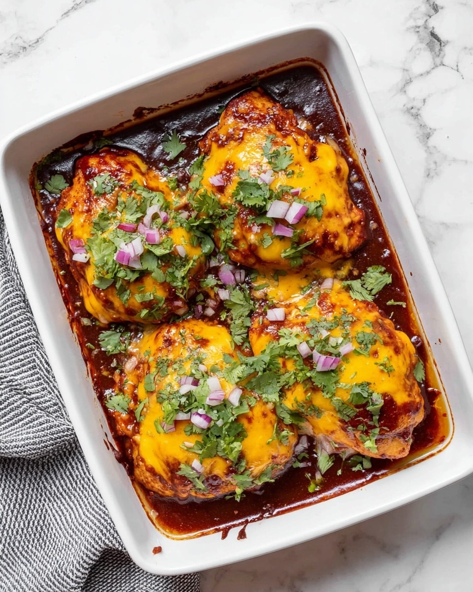 The image shows four pieces of cooked chicken breasts in a white rectangular baking dish. Each piece is covered with melted golden-yellow cheddar cheese that looks bubbly and soft. Under the cheese, there is a dark red barbecue sauce spread on the bottom of the dish, some of it is slightly burnt on the edges. On top of the cheese, there are small pieces of chopped red onions and sprinkled fresh green cilantro, adding color and freshness. The dish sits on a white marbled surface, and part of a gray and white striped cloth is visible on the left side. Photo taken with an iphone --ar 4:5 --v 7