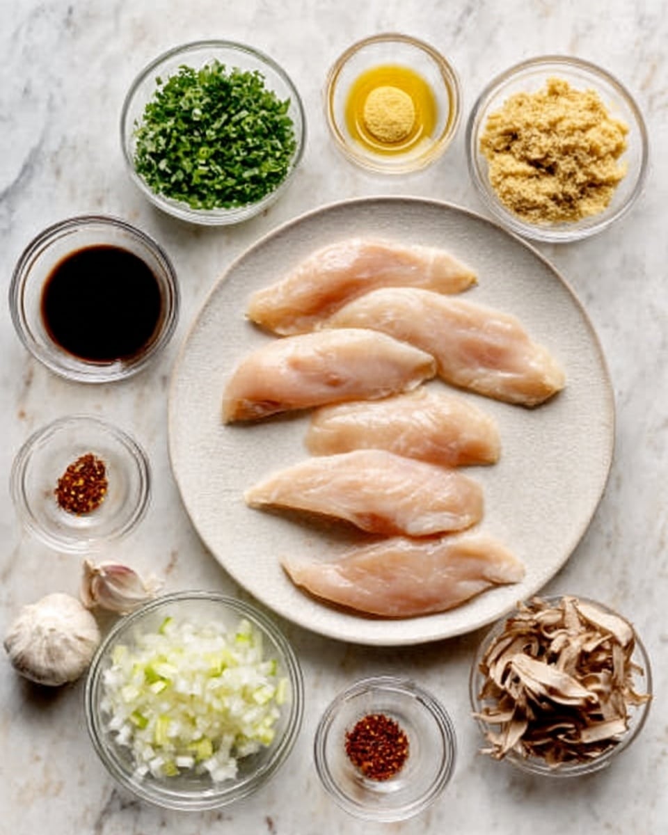 A white plate in the center with four thin, light pink raw chicken slices arranged neatly flat on it. Around the plate are small clear glass bowls with different ingredients: chopped green herbs, yellow mustard, dark brown soy sauce, diced white onions, light brown ground ginger, red pepper flakes, a small dollop of honey, and brown shredded mushrooms. There are also two peeled garlic cloves placed near the bowls. All items are arranged on a white marbled surface. photo taken with an iphone --ar 4:5 --v 7
