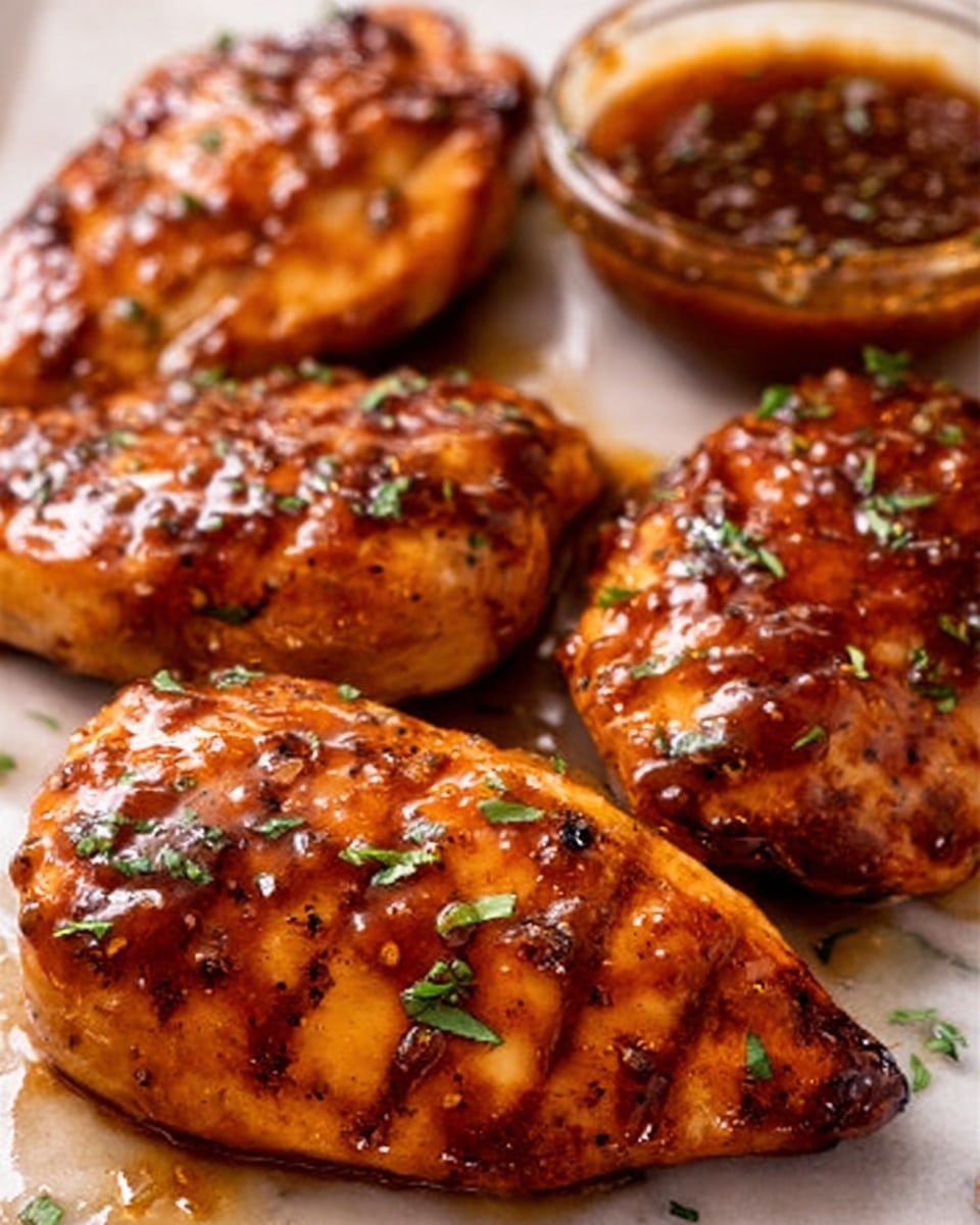 The image shows four golden brown grilled chicken pieces covered in a shiny, sticky brown sauce with small green herb bits sprinkled on top. The chicken has a smooth, glistening texture with some small lines from the grill. The chicken pieces lie closely together on a white marbled surface with a small bowl of the same sauce in the top right corner, partially visible. The overall look is warm, rich, and appetizing. photo taken with an iphone --ar 4:5 --v 7